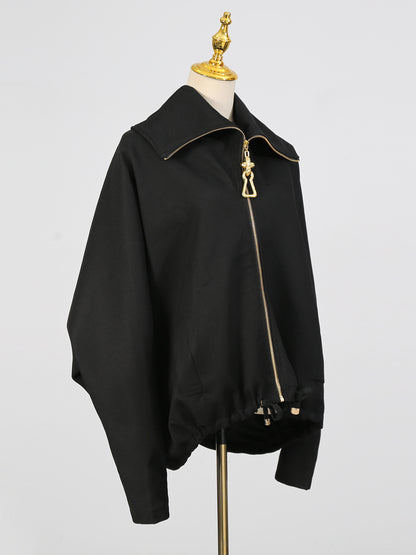 Chic Black Zip - Up Jacket with Gold Hardware