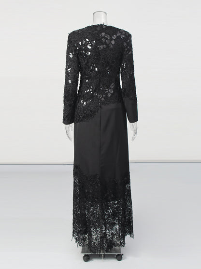 Glamorous Black Lace Embellished Long - Sleeve Maxi Dress