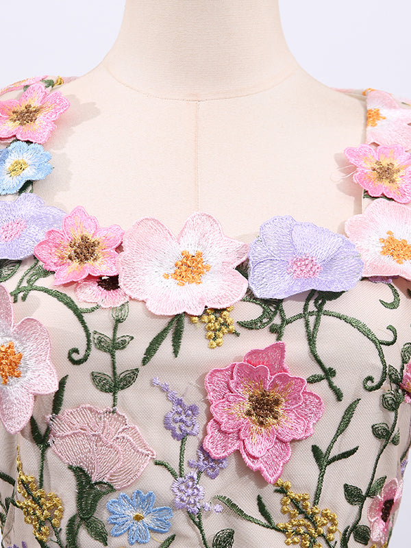 Square Collar Patchwork Flower Long Dress