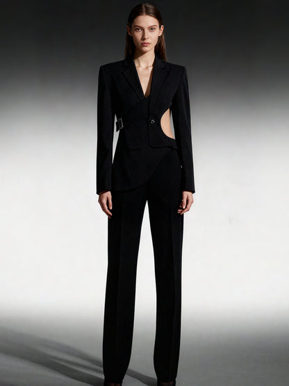 Stylish Black Cut - out Asymmetric Blazer with Belt