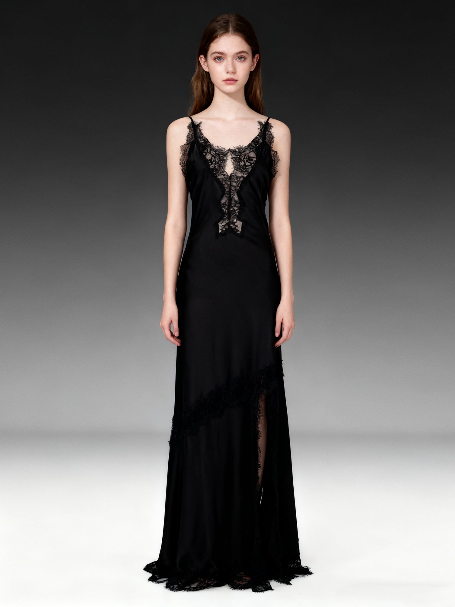 Glamorous Black Satin Maxi Dress with Lace Details