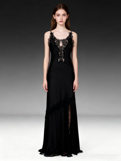 Glamorous Black Satin Maxi Dress with Lace Details