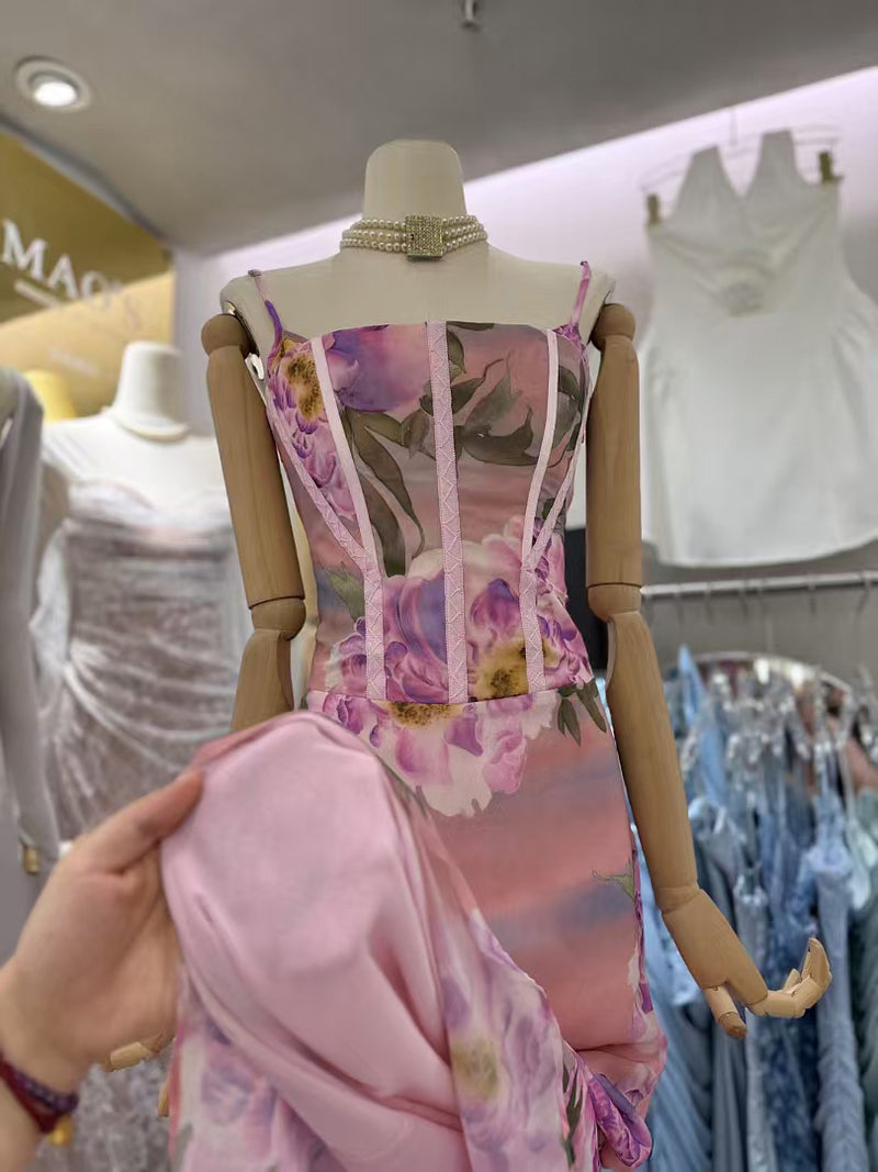 Print Flower Off Shoulder Long Dress