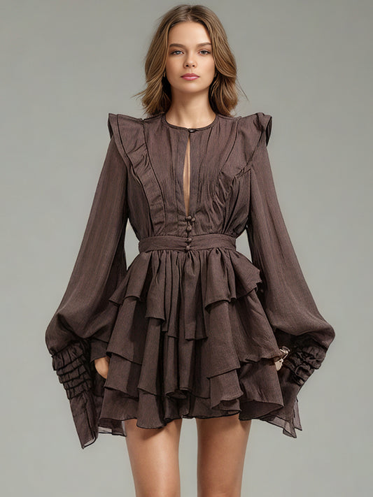 Sophisticated Coffee - Colored Ruffled Tiered Mini Dress with Belt