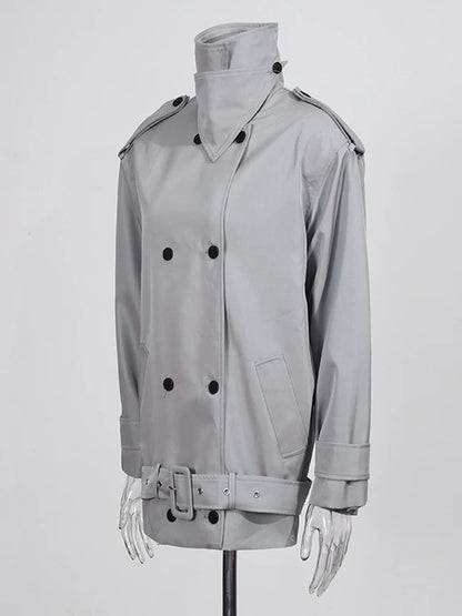 Modern Gray Double - Breasted Trench Coat with Belt.