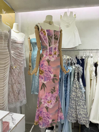 Print Flower Off Shoulder Long Dress