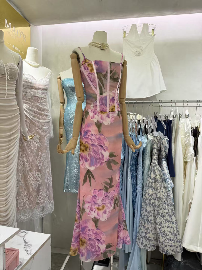 Print Flower Off Shoulder Long Dress