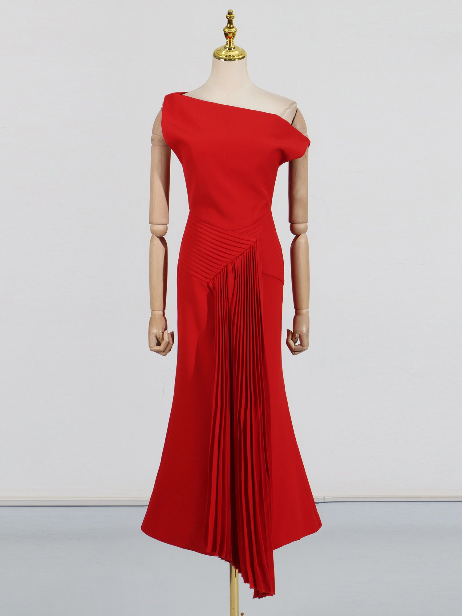 Stunning One - Shoulder Pleated Red Maxi Dress