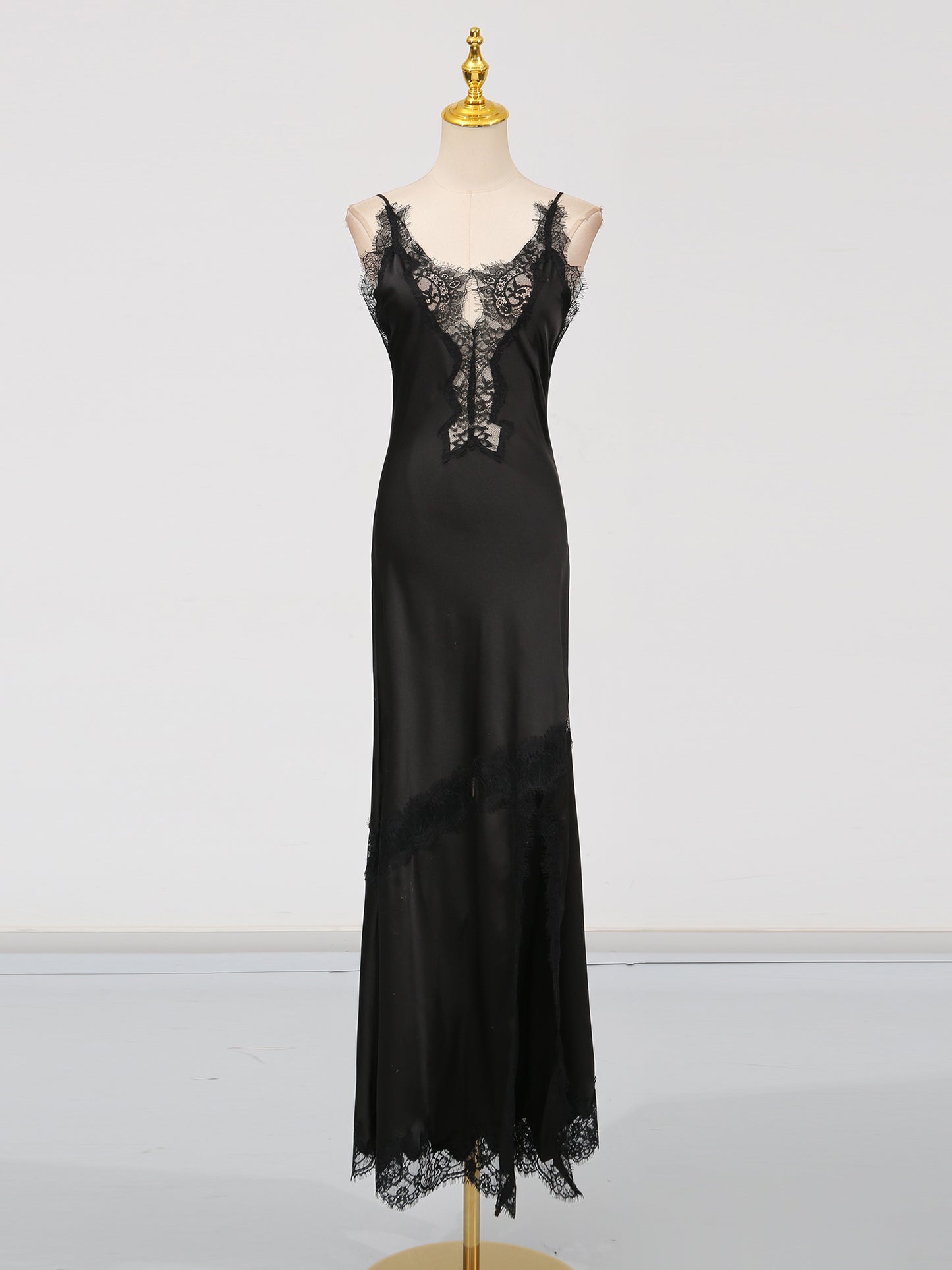 Glamorous Black Satin Maxi Dress with Lace Details