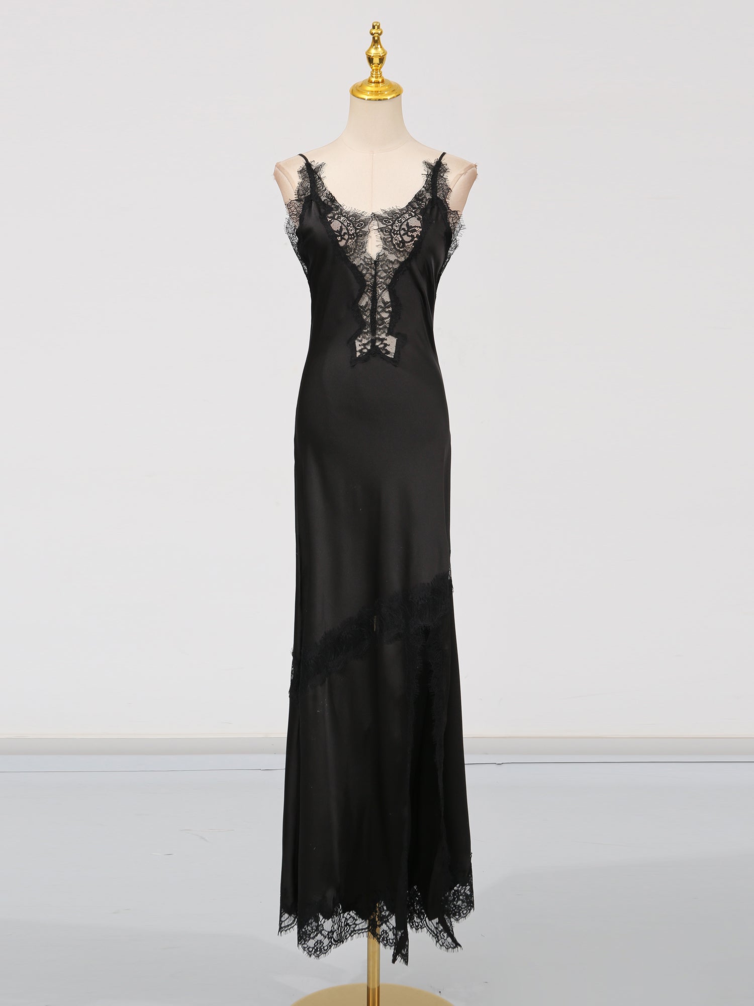Glamorous Black Satin Maxi Dress with Lace Details