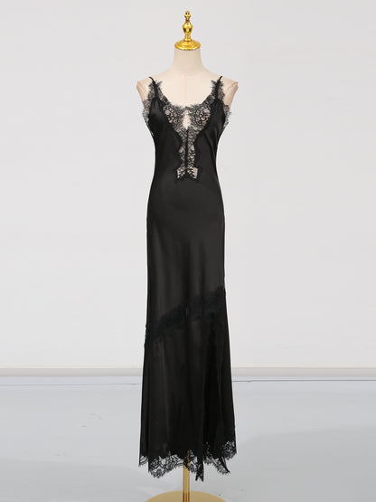 Glamorous Black Satin Maxi Dress with Lace Details