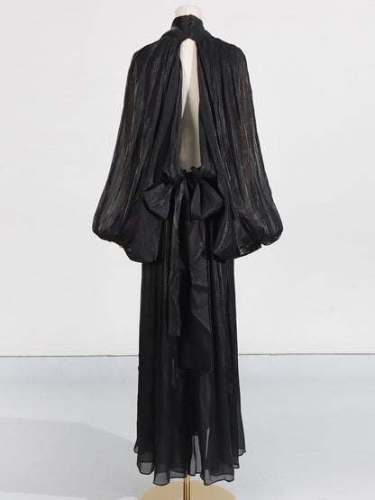 Elegant Solid Pleated Long Dress