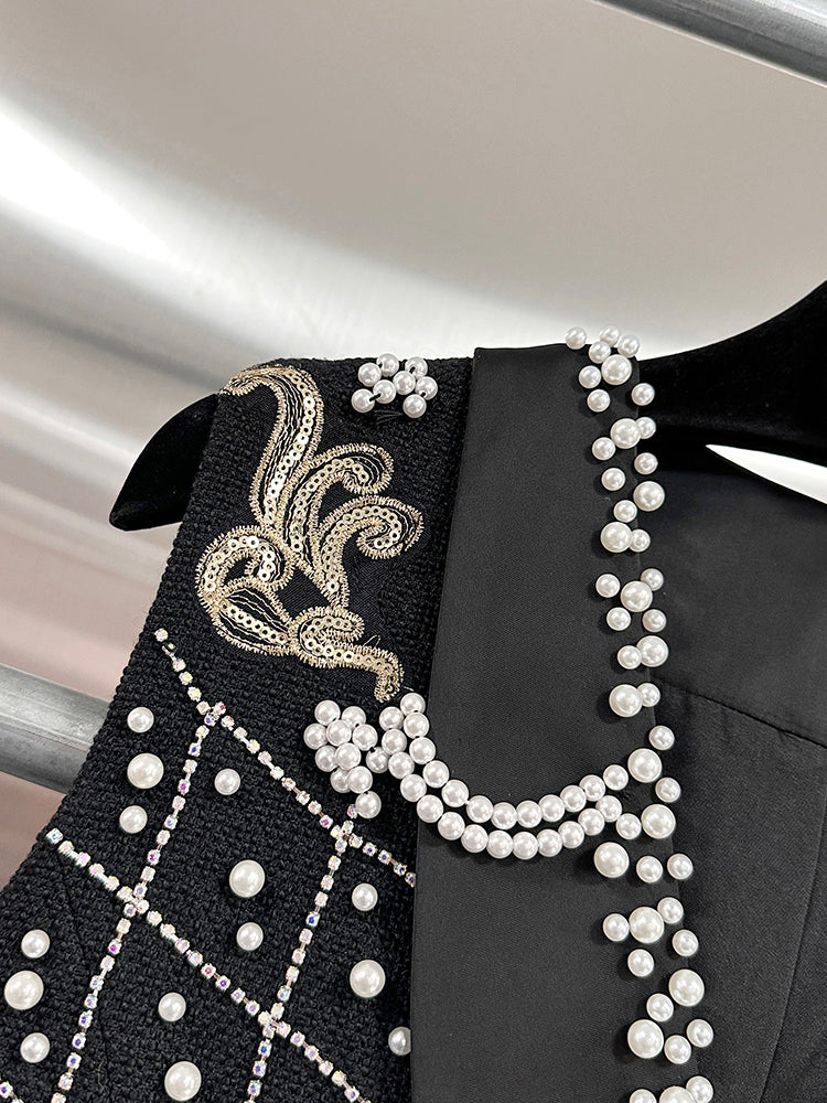 Solid Patchwork Pearls V-neck Vest