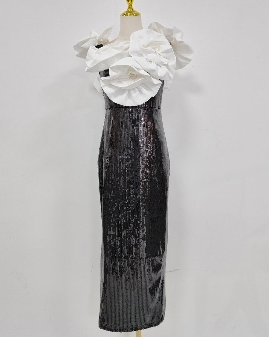 Black & White Contrast 3D Floral Sequin Midi Dress