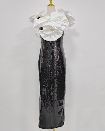 Black & White Contrast 3D Floral Sequin Midi Dress