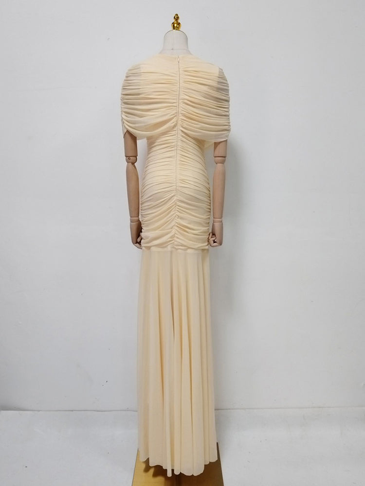 Yellow Ruched Waist Draped Maxi Dress