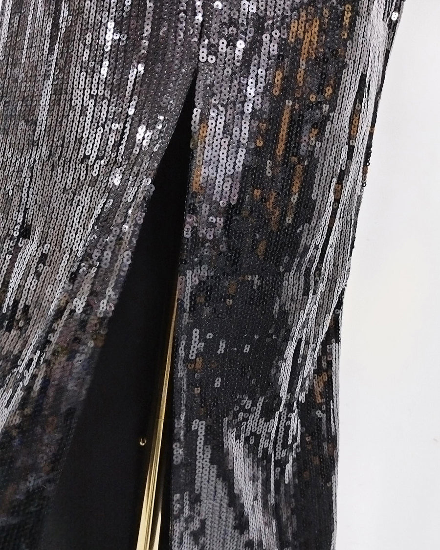 Black & White Contrast 3D Floral Sequin Midi Dress
