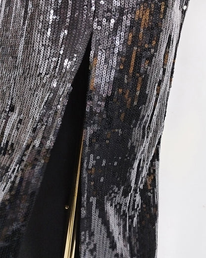 Black & White Contrast 3D Floral Sequin Midi Dress