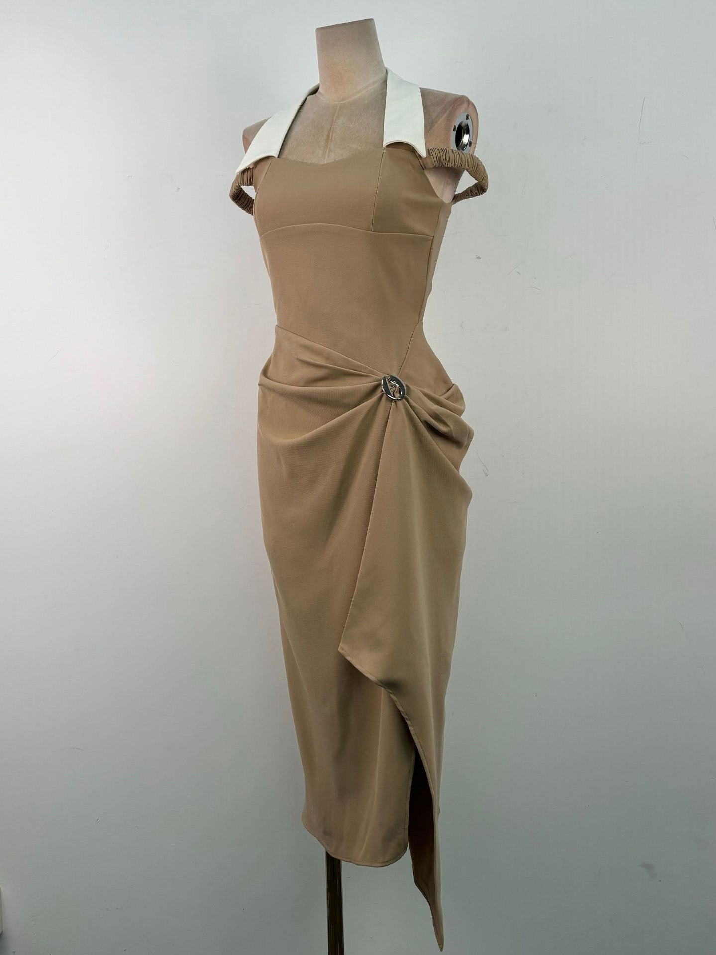 Neck Hanging Color Blocked Long Dress