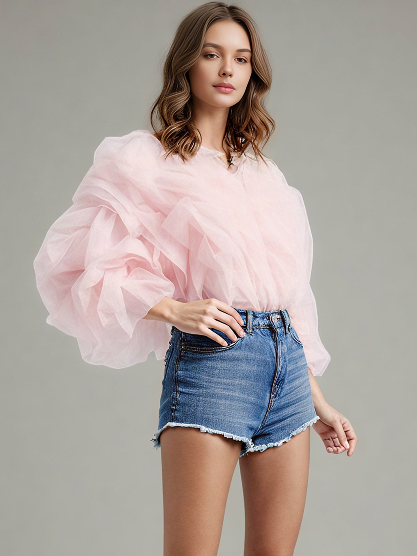 Enchanting Pink Ruffled Organza Crop Top