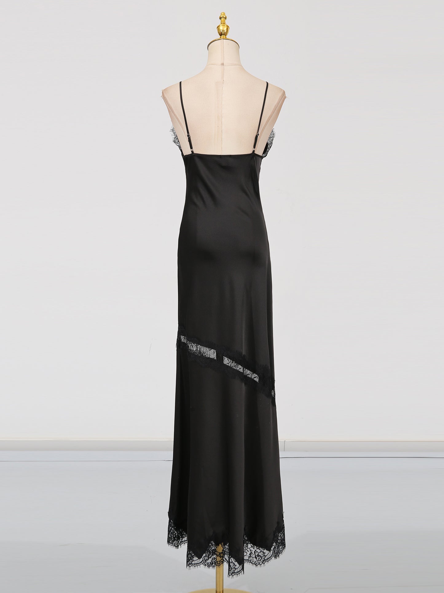 Glamorous Black Satin Maxi Dress with Lace Details