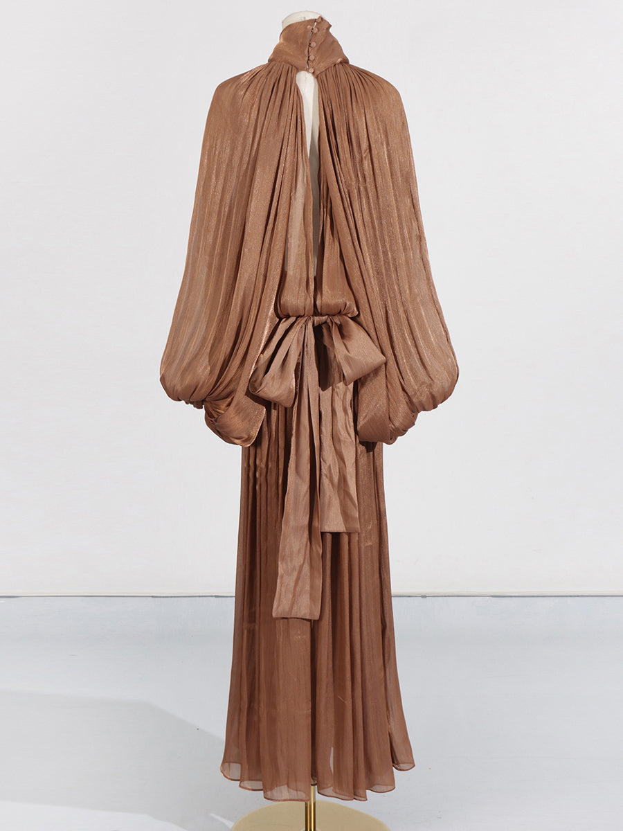 Elegant Solid Pleated Long Dress