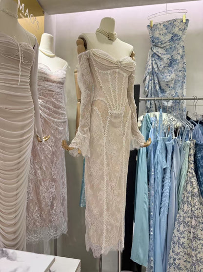 Solid Elegant Patchwork Pearls Midi Dress