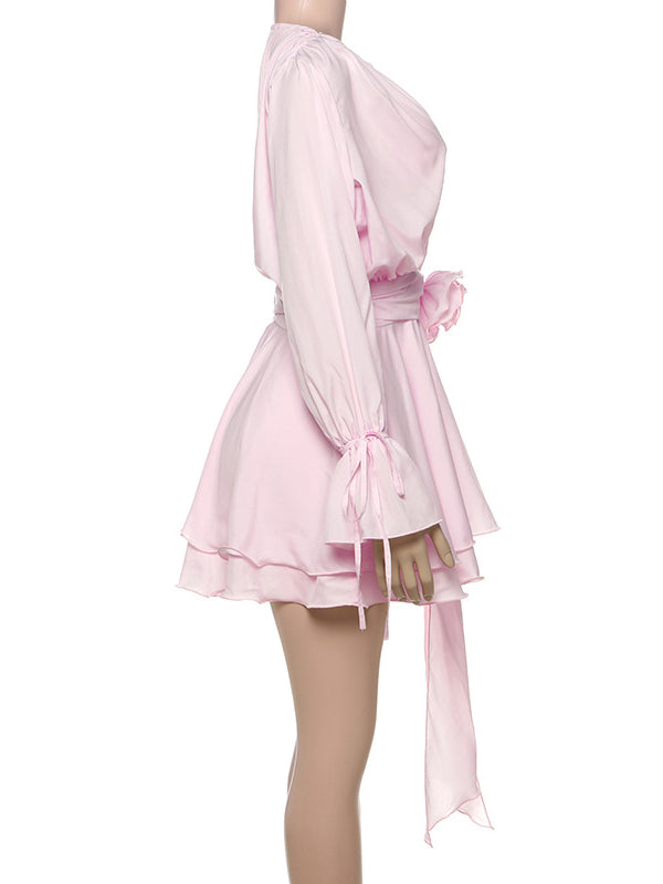 Patchwork Flower Solid Short Dress