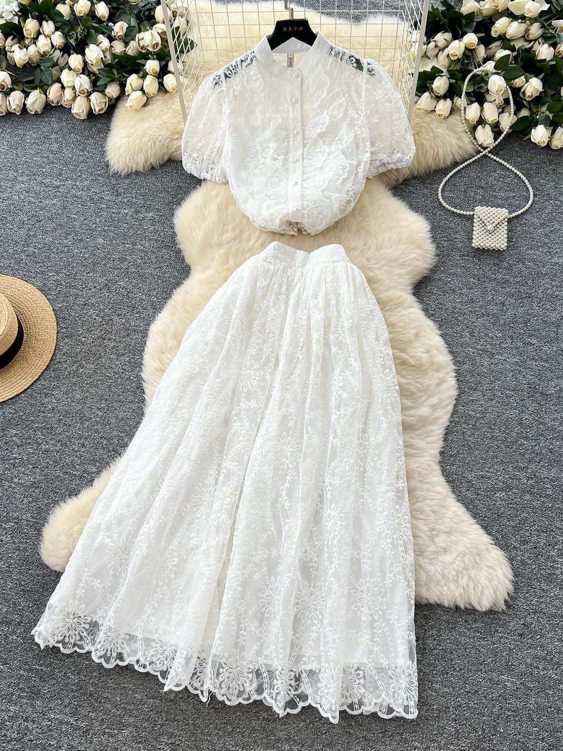 Solid Embroidery Lace Long Dress