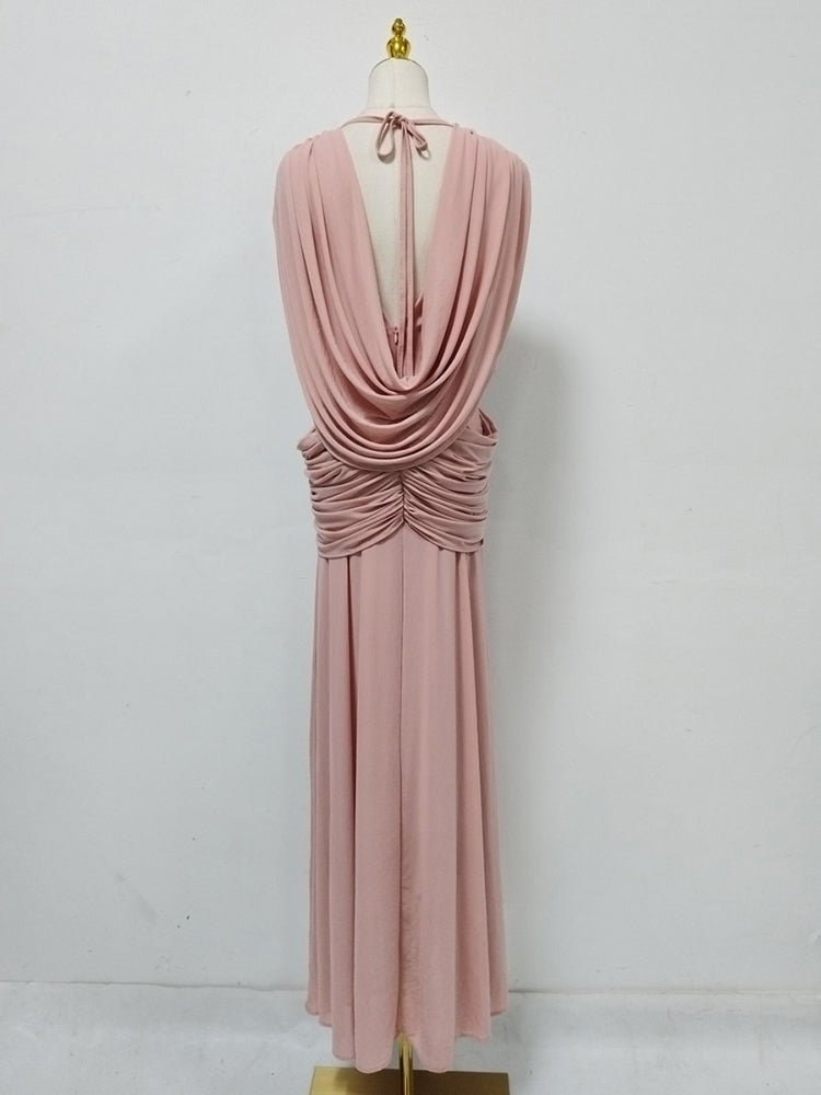 Pink Pleated Chiffon Wrap V-Neck Evening Gown