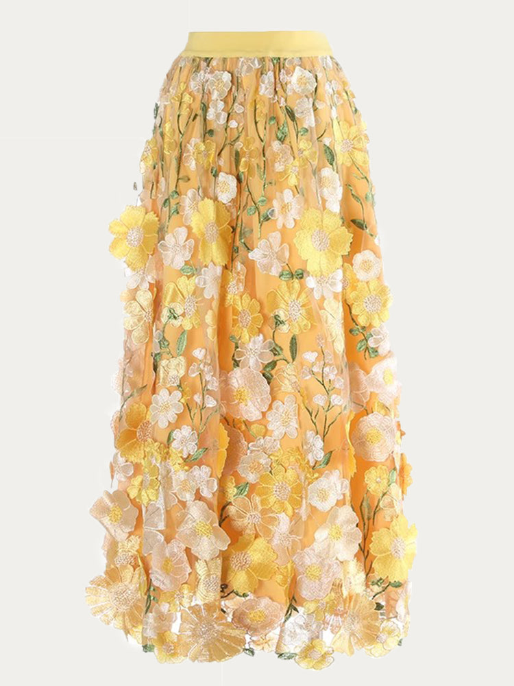 3D Sunflower Embroidered Lace Skirt