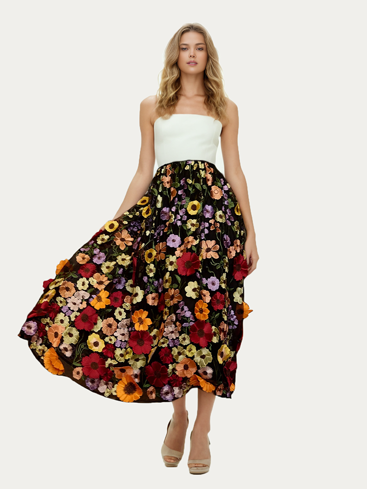 3D Sunflower Embroidered Lace Skirt