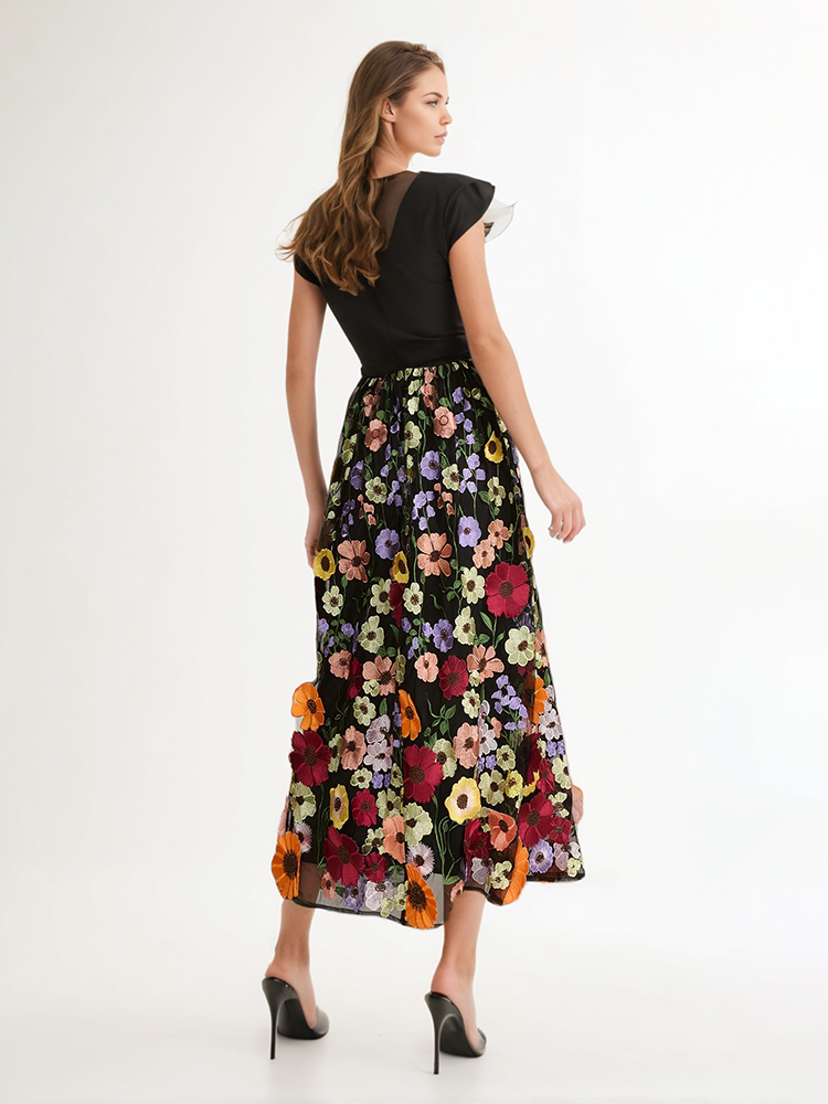 3D Sunflower Embroidered Lace Skirt