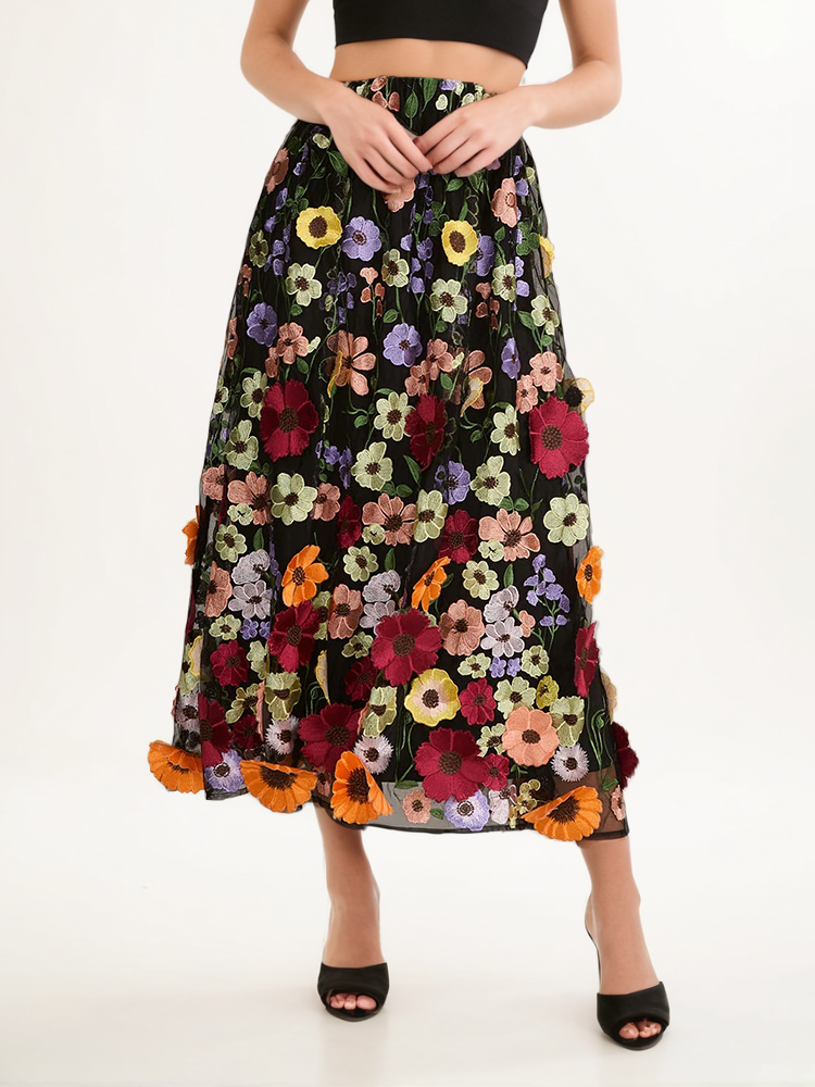 3D Sunflower Embroidered Lace Skirt