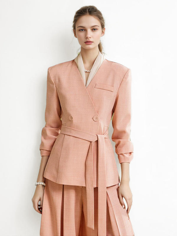 2-piece Pink Suit Set With Blazer And Pleated Pants