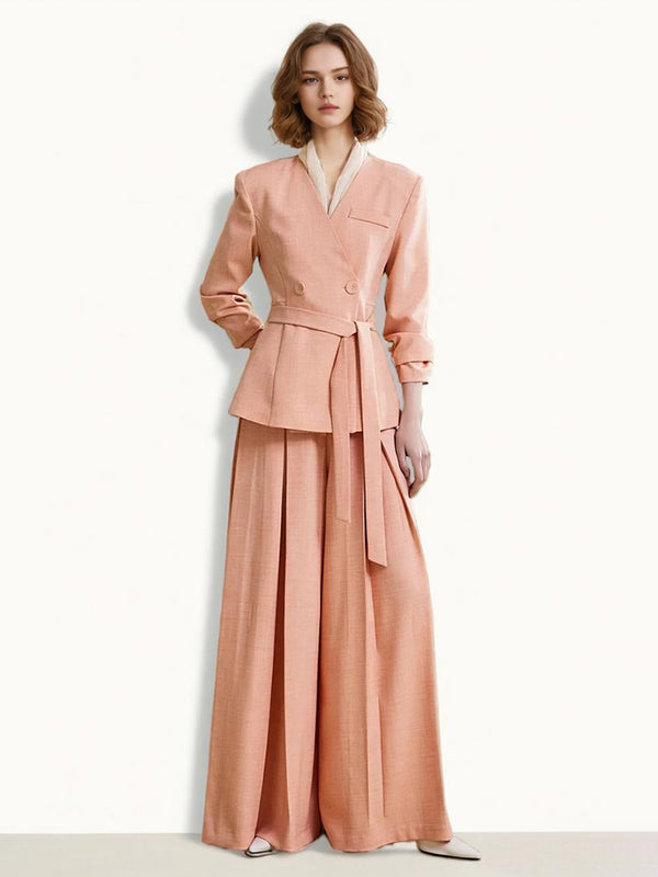 2-piece Pink Suit Set With Blazer And Pleated Pants