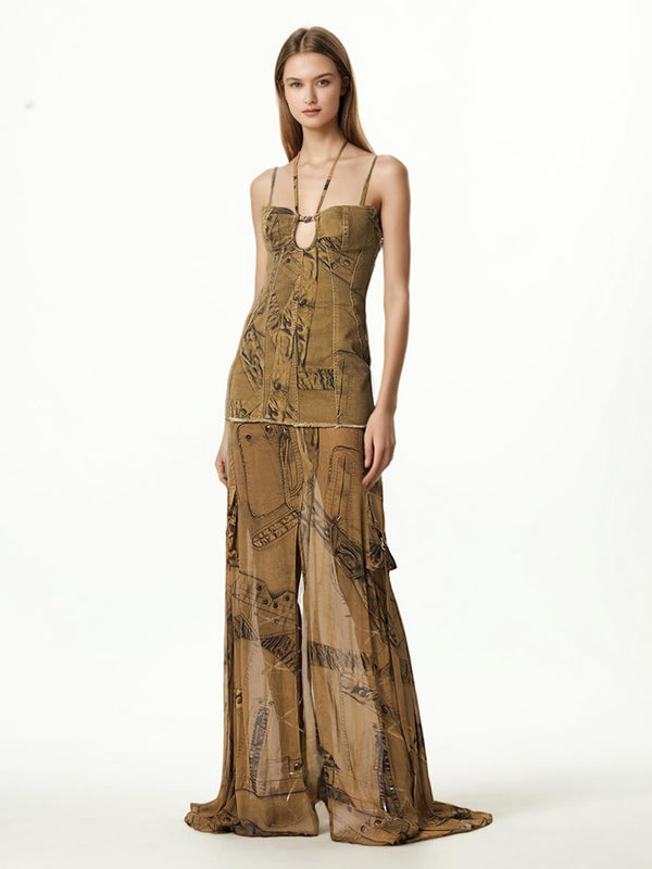 Printed Halter Coffee Maxi Dress