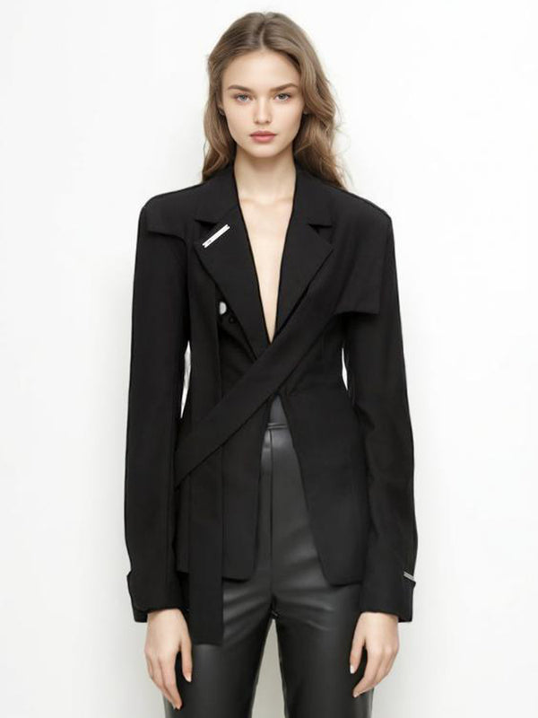 Cross Patchwork Notched Collar Black Blazer