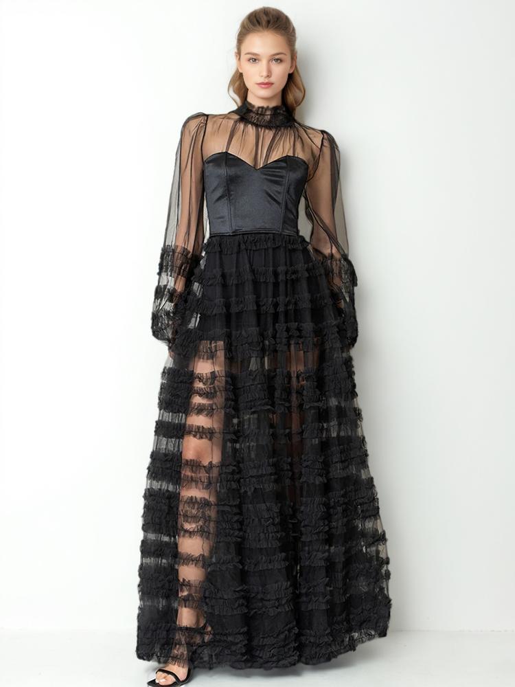 Solid Patchwork Sheer Mesh Dres