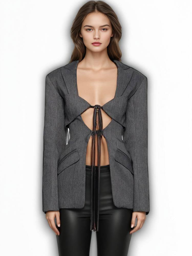 Patchwork Lace Up Slimming Chic Blazer