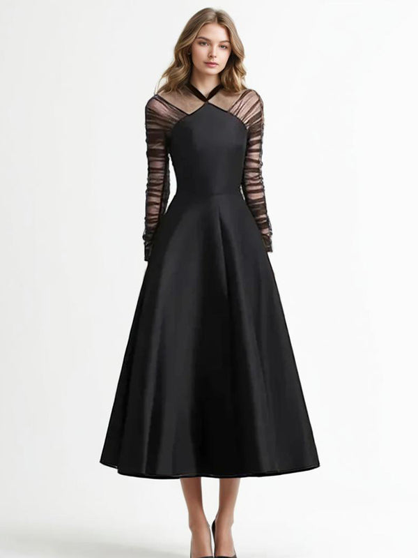 Solid Patchwork Mesh Elegant Dresses