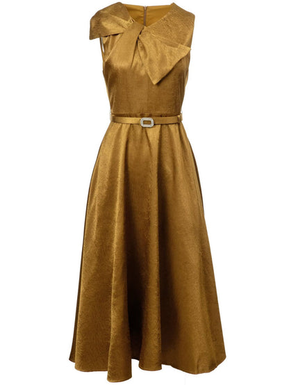 Chic Patchwork Bowknot Midi Dress