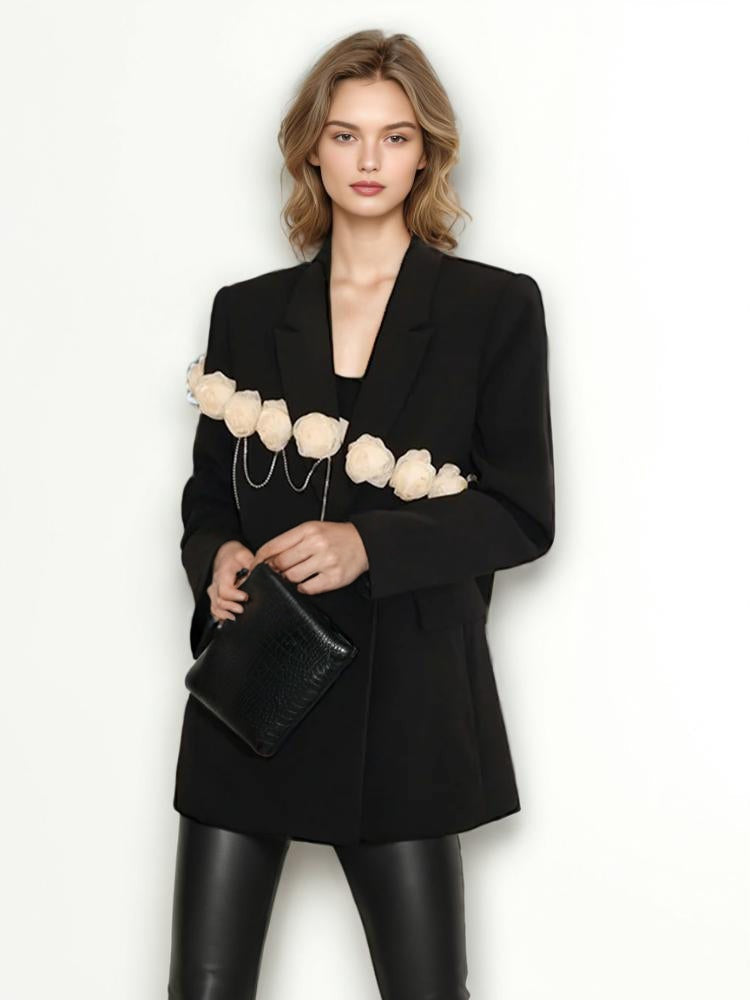 Temperament Rose Appliques Black Blazer