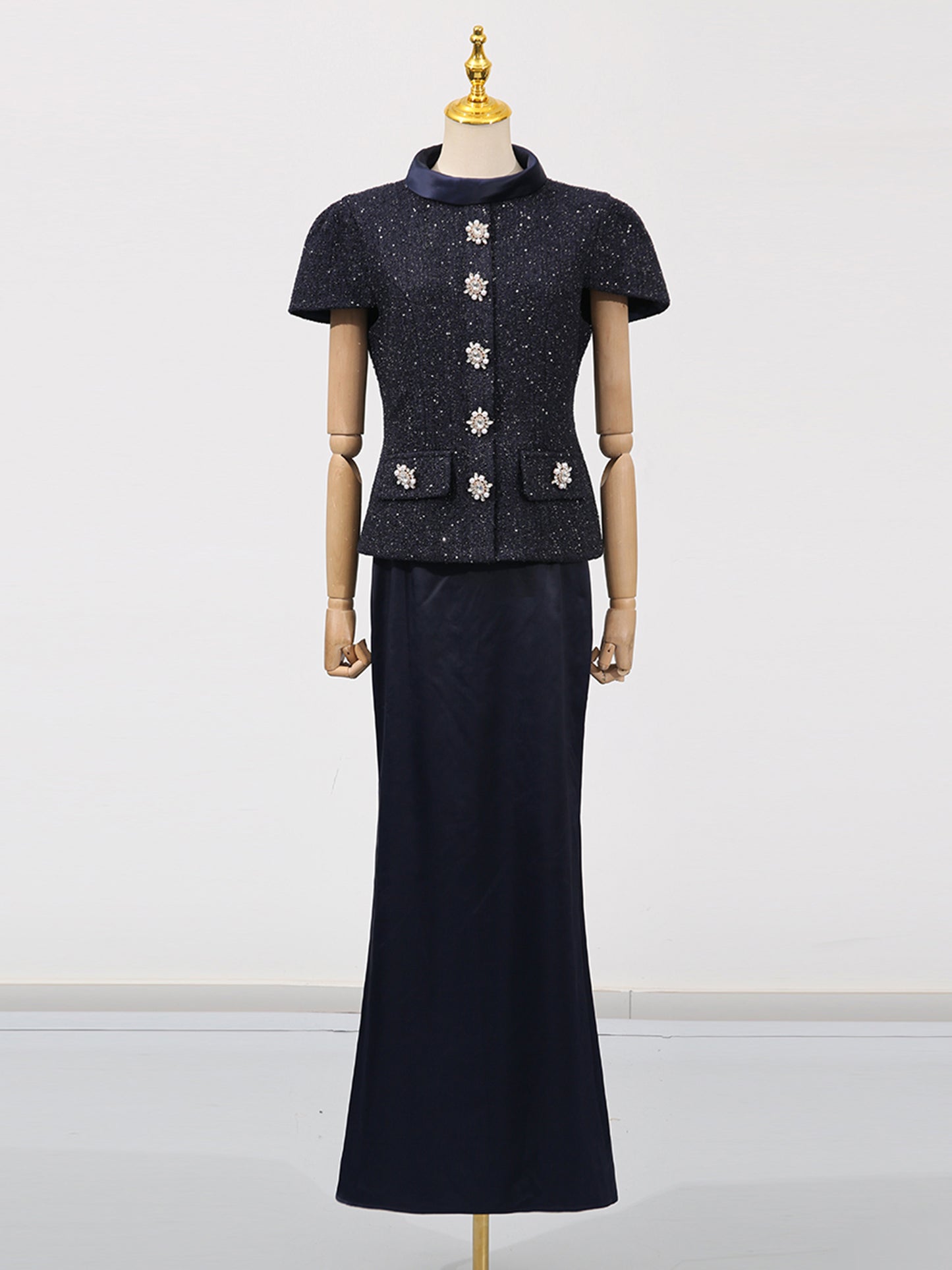 Glamorous Navy Blue Embellished Top and Skirt Set