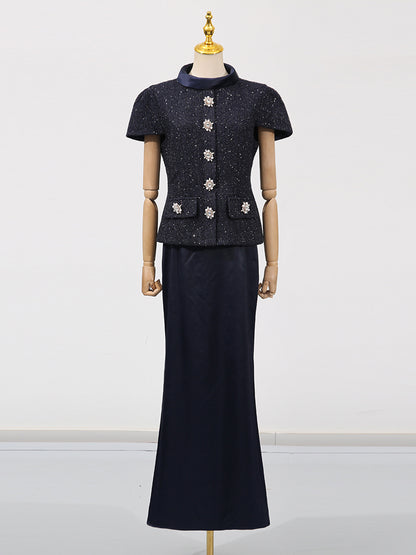 Glamorous Navy Blue Embellished Top and Skirt Set