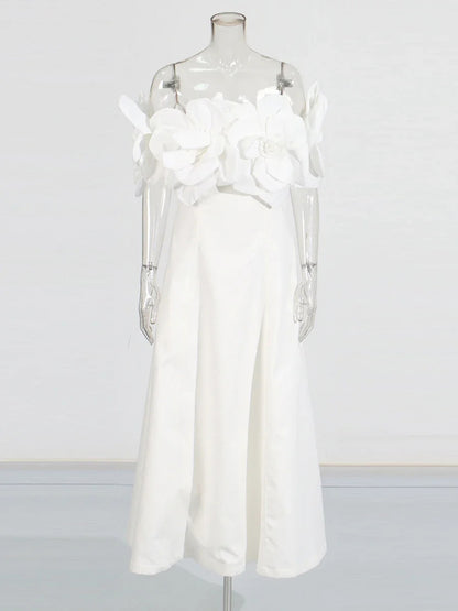 Elegant White Off - Shoulder Floral Applique Maxi Dress.