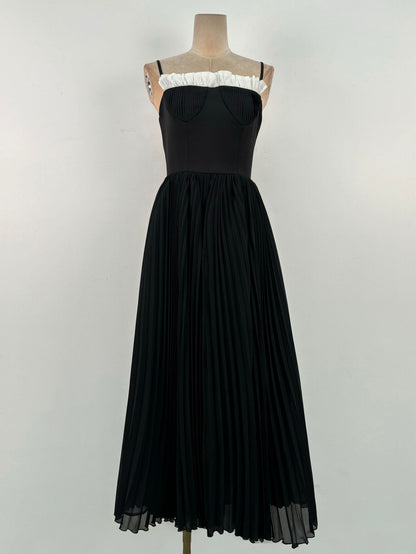 Patchwork Strap Pleated Long Dress