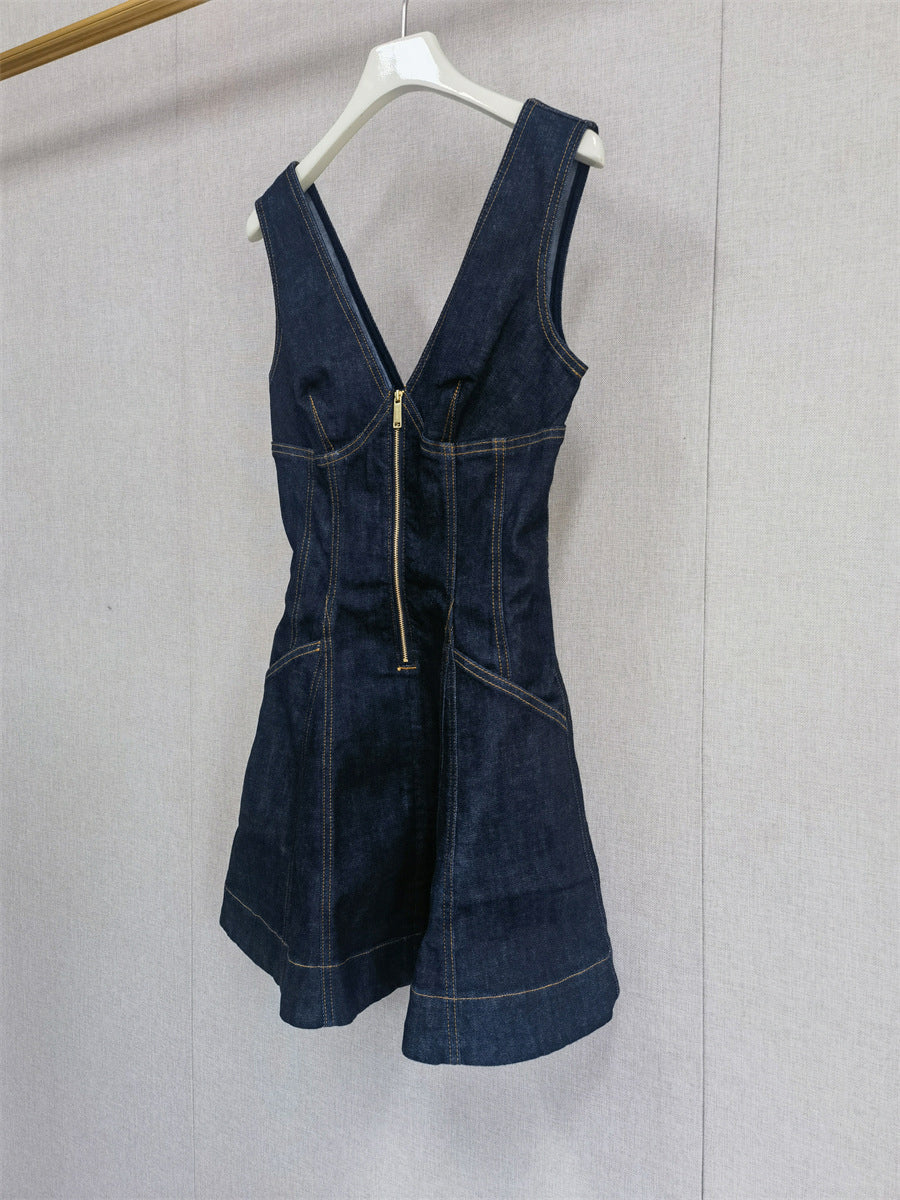 Denim V-neck Sleeveless Short Dress