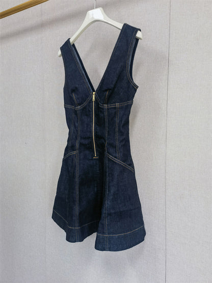 Denim V-neck Sleeveless Short Dress