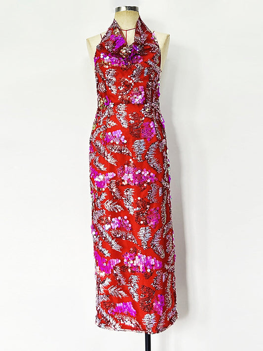 Patchwork Sequins Sleeveless Long Dress